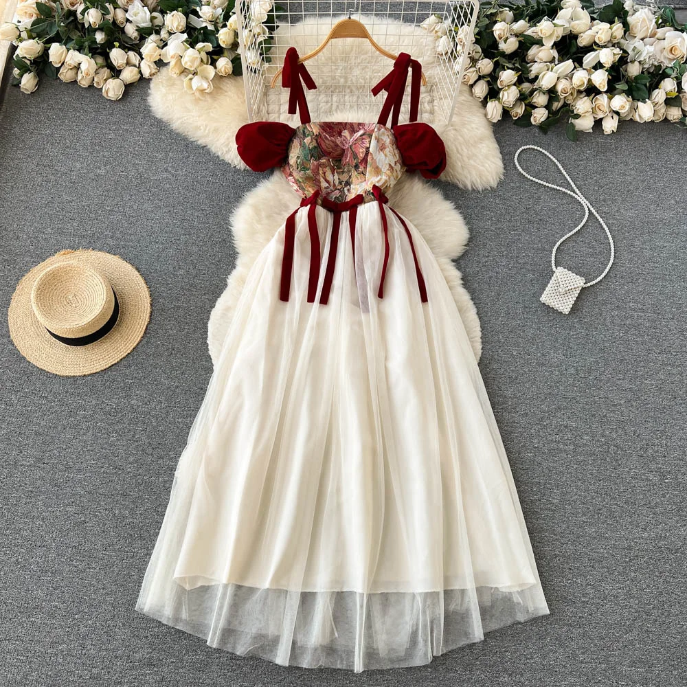 Embroidered Vintage Print Camis Dresses Women French Style Lace-up Design 2023 Summer Steetwear Mesh Long Party Dress