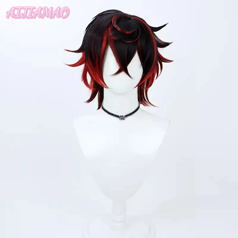 K9 Kuro Kurenai Peruca Cosplay, Preto, Vermelho, Curto, Resistente ao calor, Cabelo sintético, Festa de Halloween, Interpretação de Papéis, Carnaval, Boné, VTuber