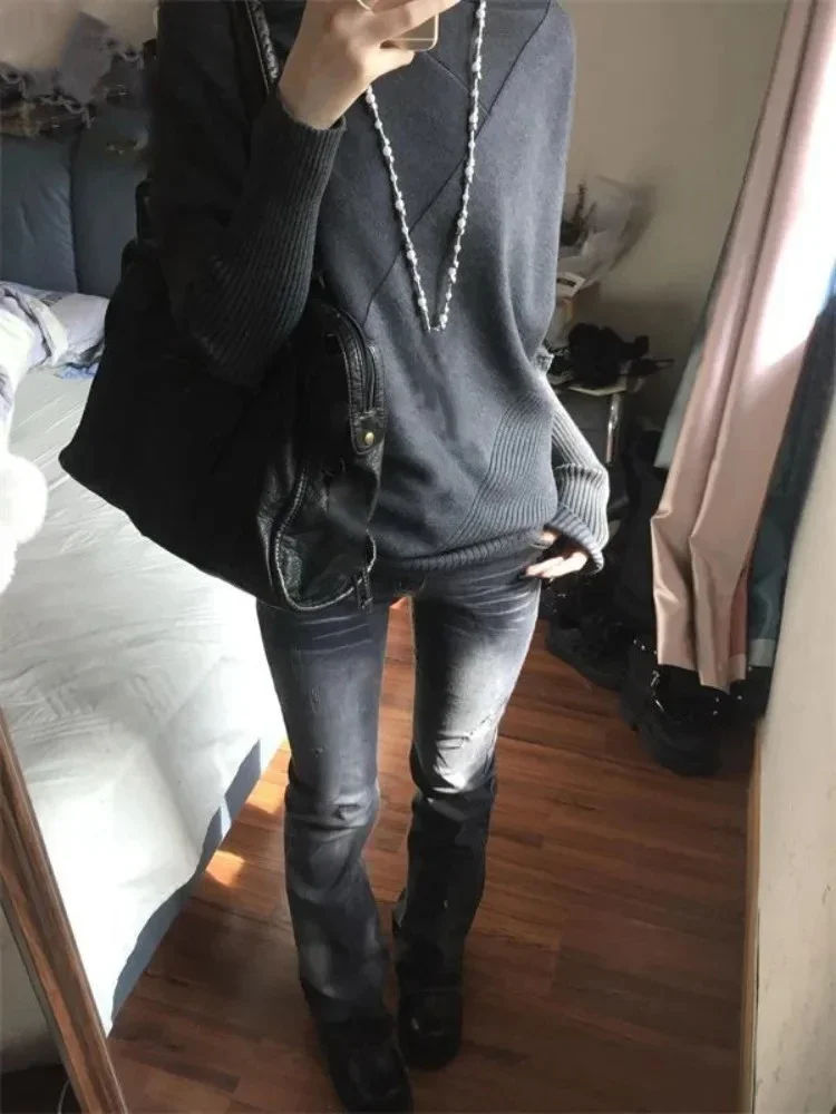 秋のレイジースタイル グレー ニットプルオーバー カジュアル Y2K サブカルチャー レディース服 ヴィンテージ ルーズセーター レディース ジャンパー ニットウェア