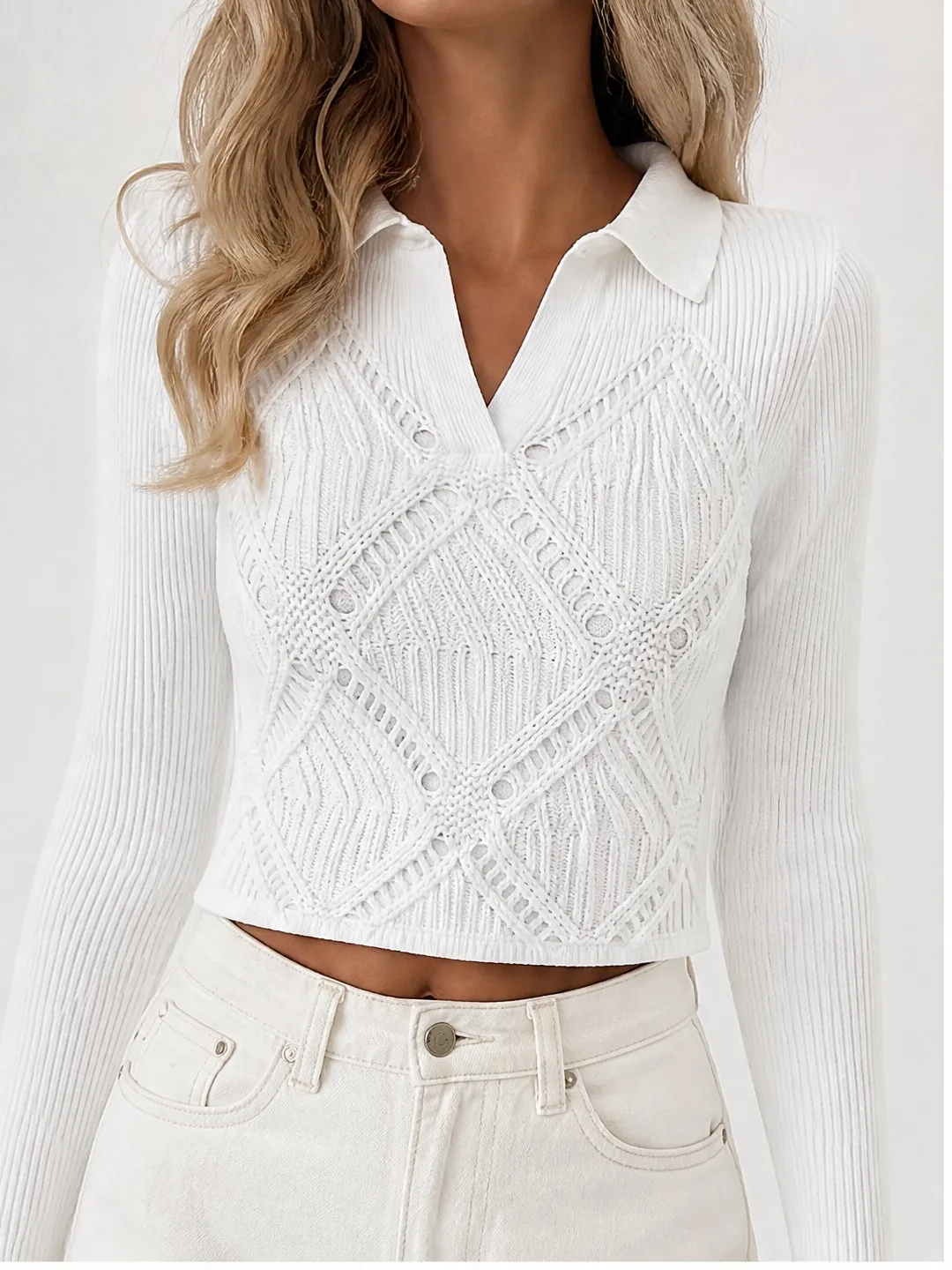 Polished Womens Polo Collar V Neck Ribbed Knit Cropped Top Figure Flattering Long Sleeve Pullover for Polished Casual Looks Chic