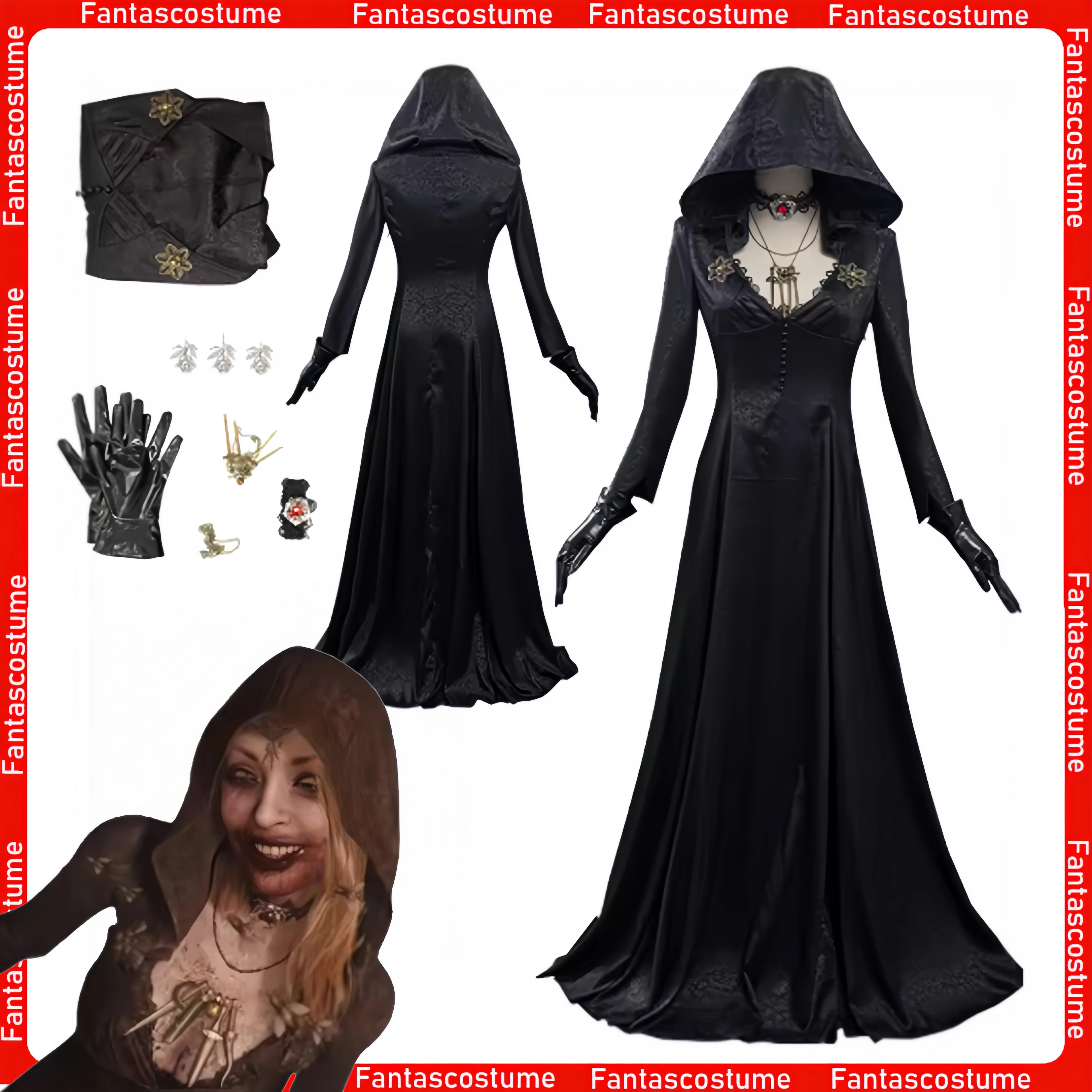 

Resident Village Cosplay Moth Lady Black Dress Evil Vampire Fantansia Women Costume Outfits Halloween Carnival Dress Up Suit
