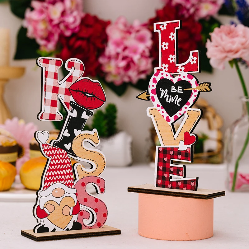 Wood Decorative Love/Kiss Letter Retro Wedding Desktop Cutout Table Ornaments Sweet Gift San Valentin Valentine's Day Handicraft