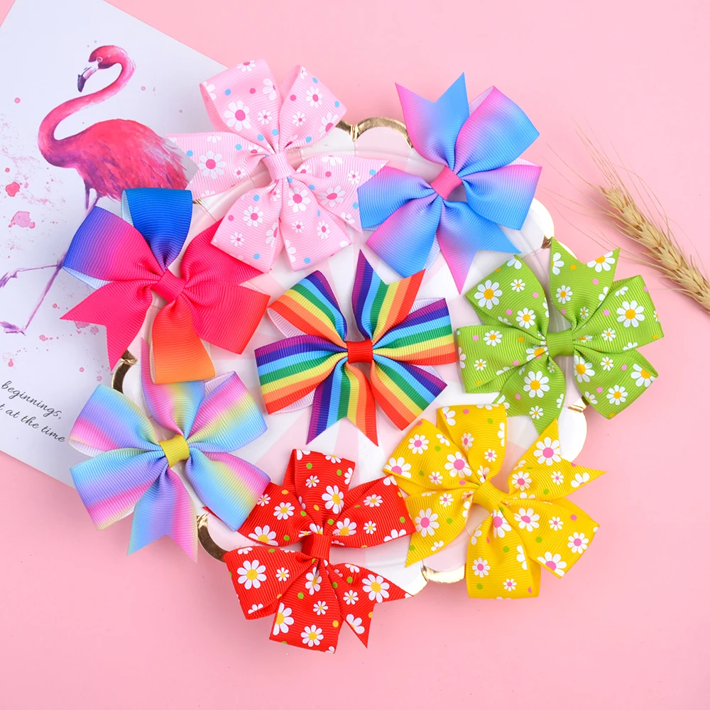 3.2 Inches Grosgrain Ribbon Boutique Gradient Color Hair Bows With Clip for Girl Kids Handmade Pinwheel Rainbows Bow Accessories