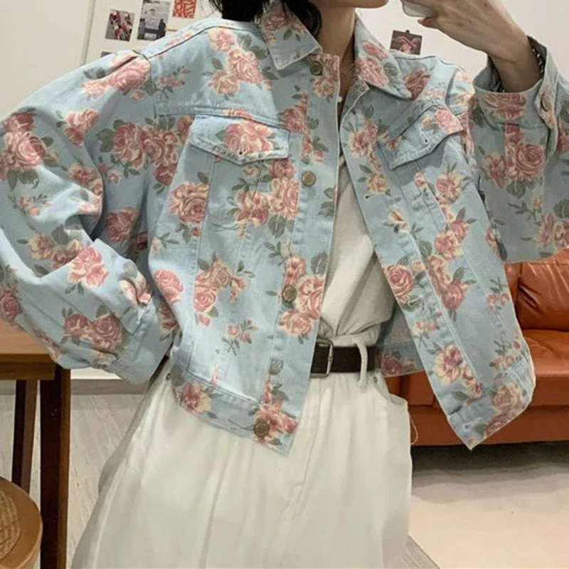 

Retro washed roses printed denim jacket female autumn and winter 2024 new fashion temperament Joker short casual jacket top.