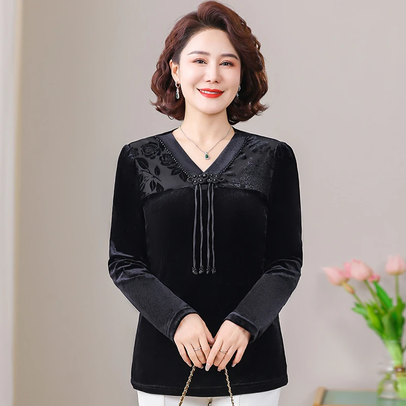 Women Vintage V-Neck Shirt Commuter Spring Autumn All-match Fashion Long Sleeve Solid Color t-shirt  for Female
