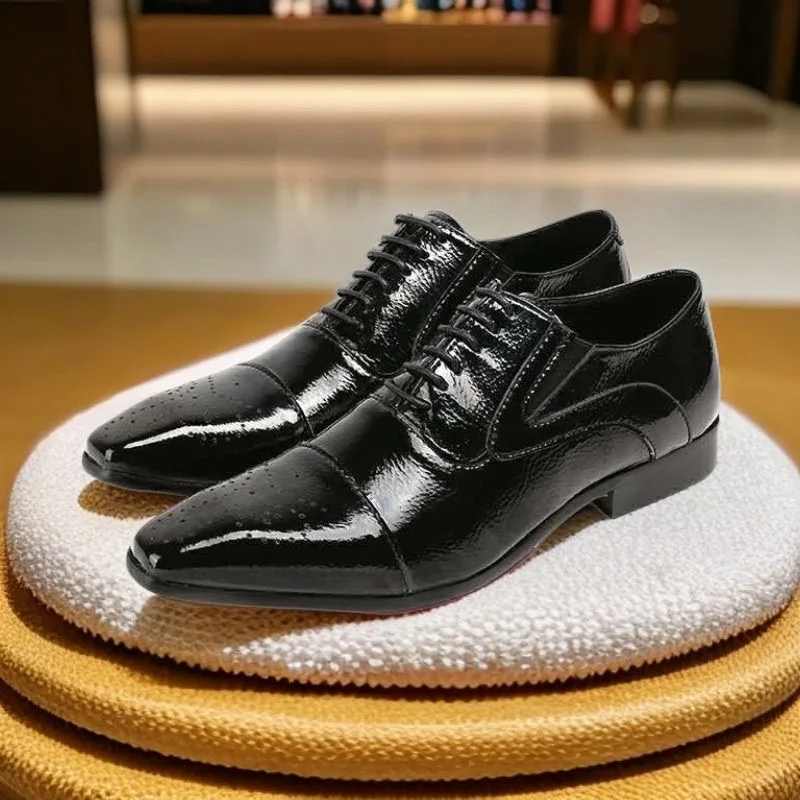 Men’s Dress Shoes with Genuine Leather in Classic Brogue Elastic Band Oxford Formal Shoes for Men