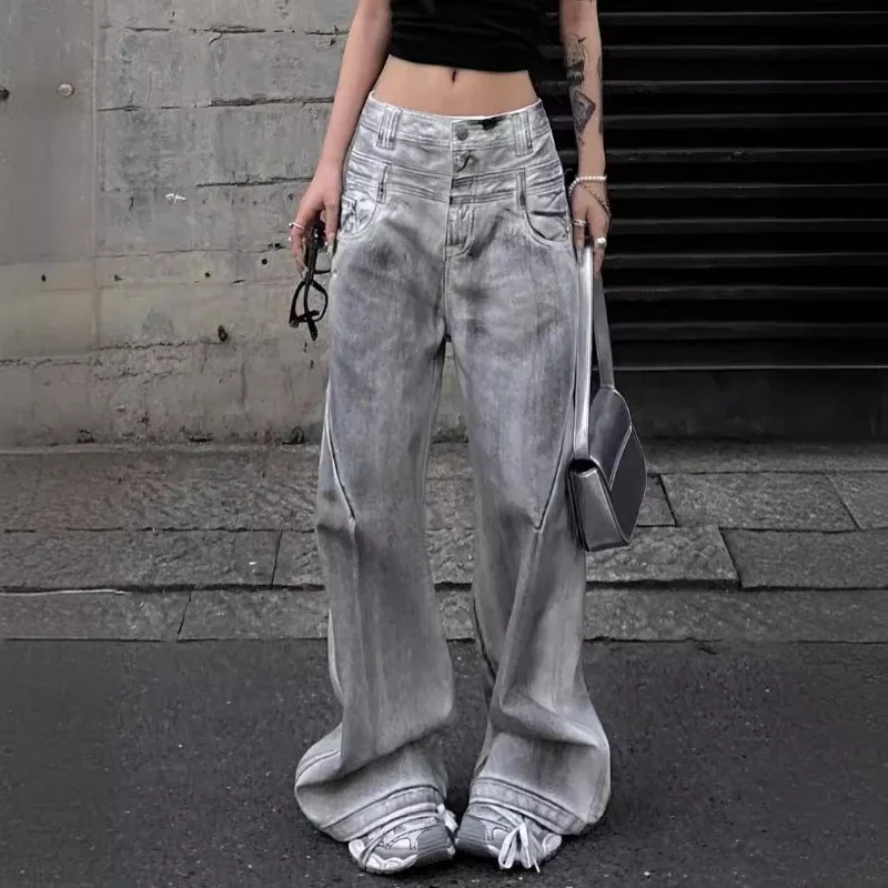 US Oversize Water Washed Rubbing Color Technique Denim Pants Women High Street Straight Wide Leg Loose Flared Long Trousers