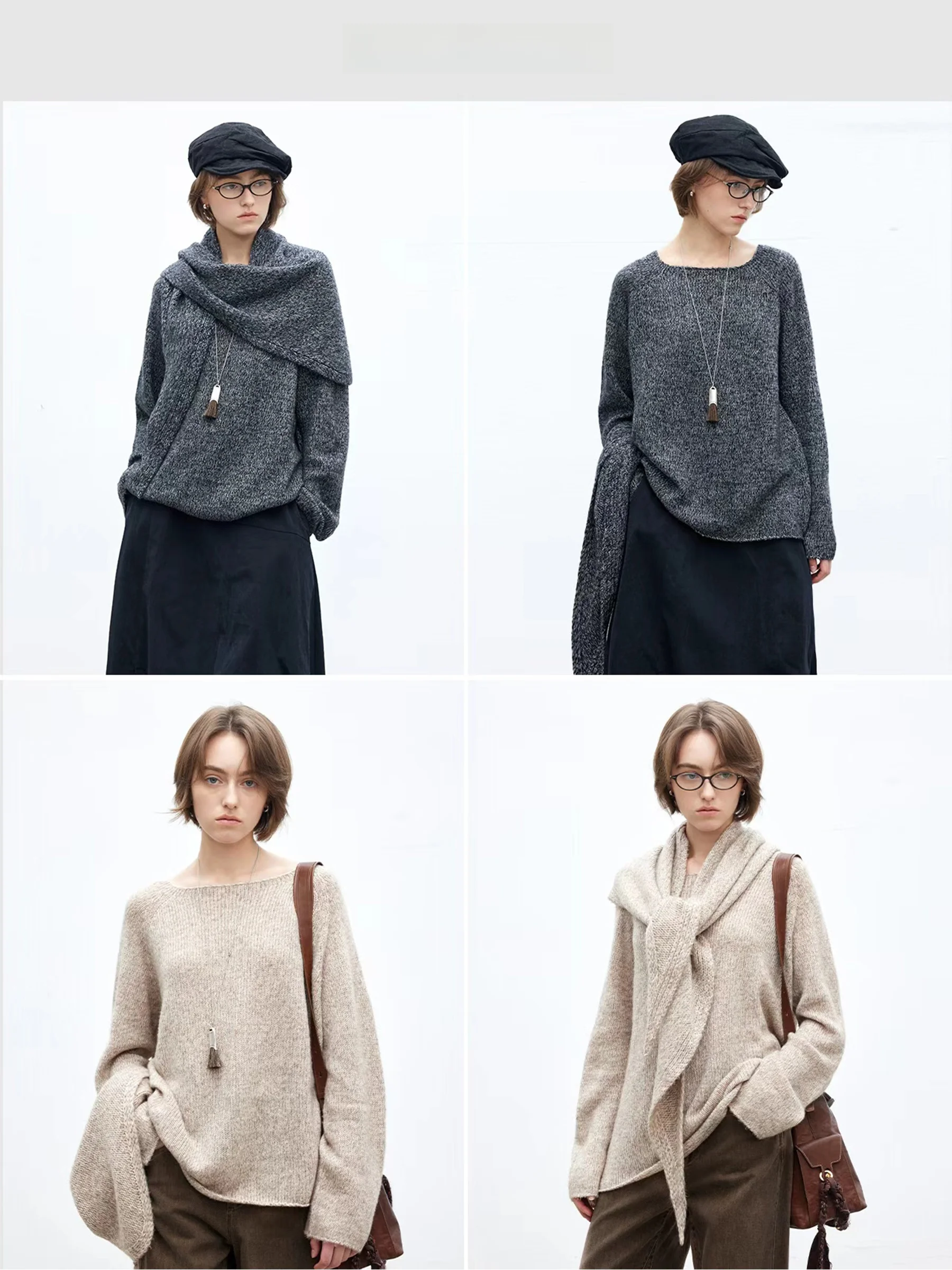 

DotDrobe Sl One-oulder Wool Camere Silk Knitted Sweater e Scarf awl Two-Tone Soft Loose Fit Casual Sle