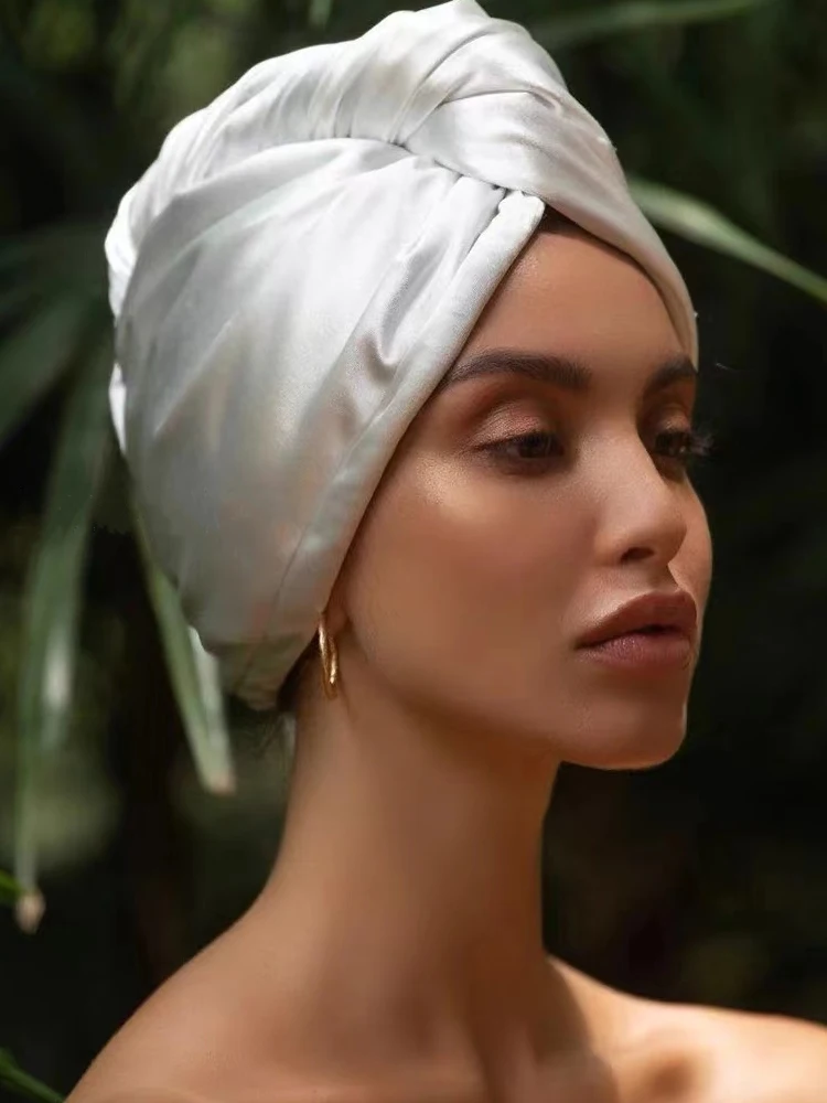 

100% Pure Silk Solid Color Dry Hair Cap Water Absorption Fast Hair Care Home Baotou Head Scarf Hat Hair Care Turban 19 momme