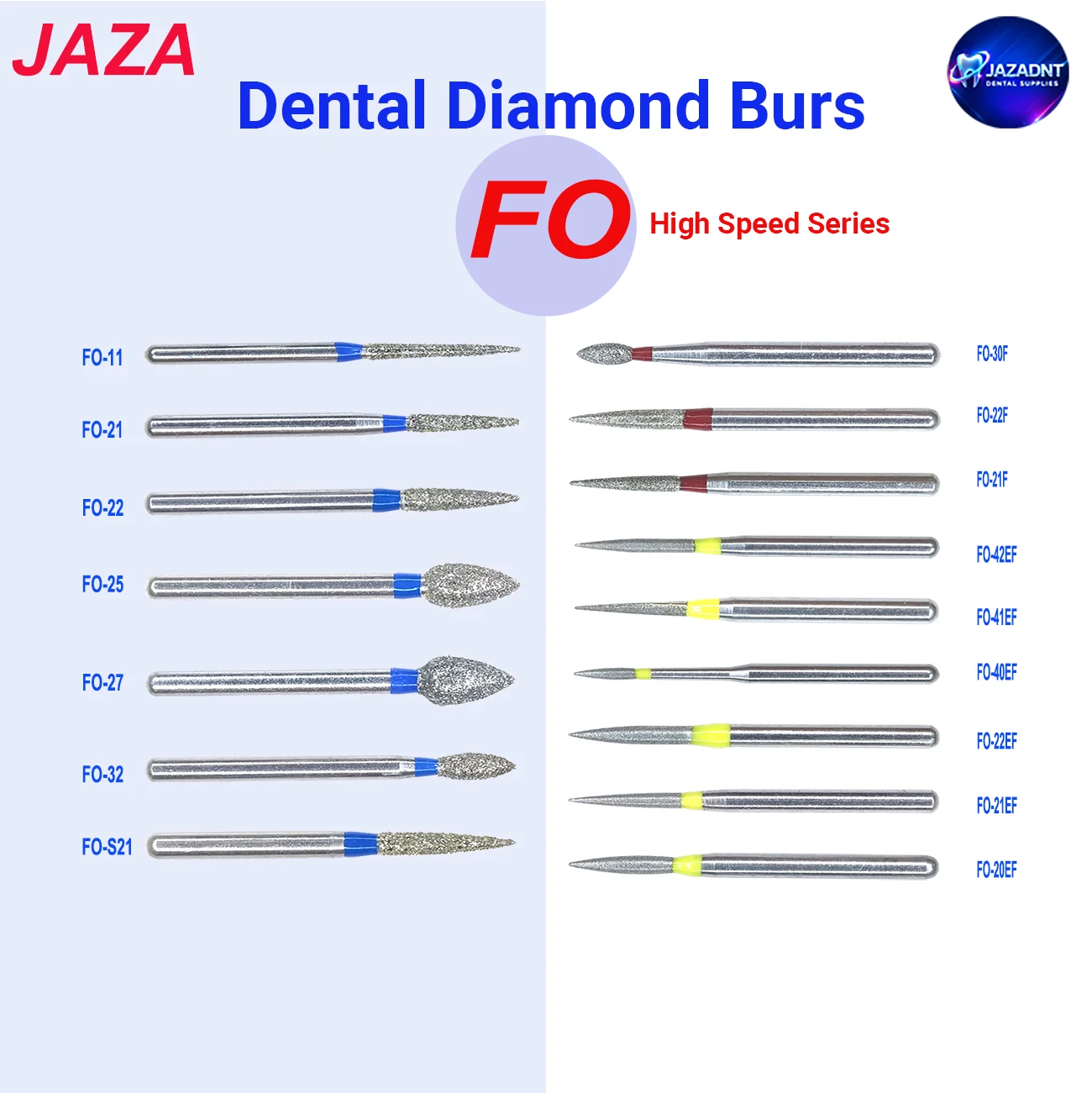 

JAZA Dental Diamond Burs FO Series FG 1.6mm Shank Resistant for Dental Restoration Removal Polishing Tool for Dentist Lab&Clinic