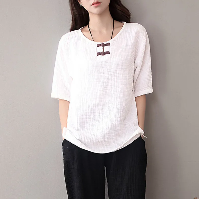 Summer women patchwork cotton linen short sleeve shirts,Chinese style casual vintage blouse tunique grande taille pour femme 6xl