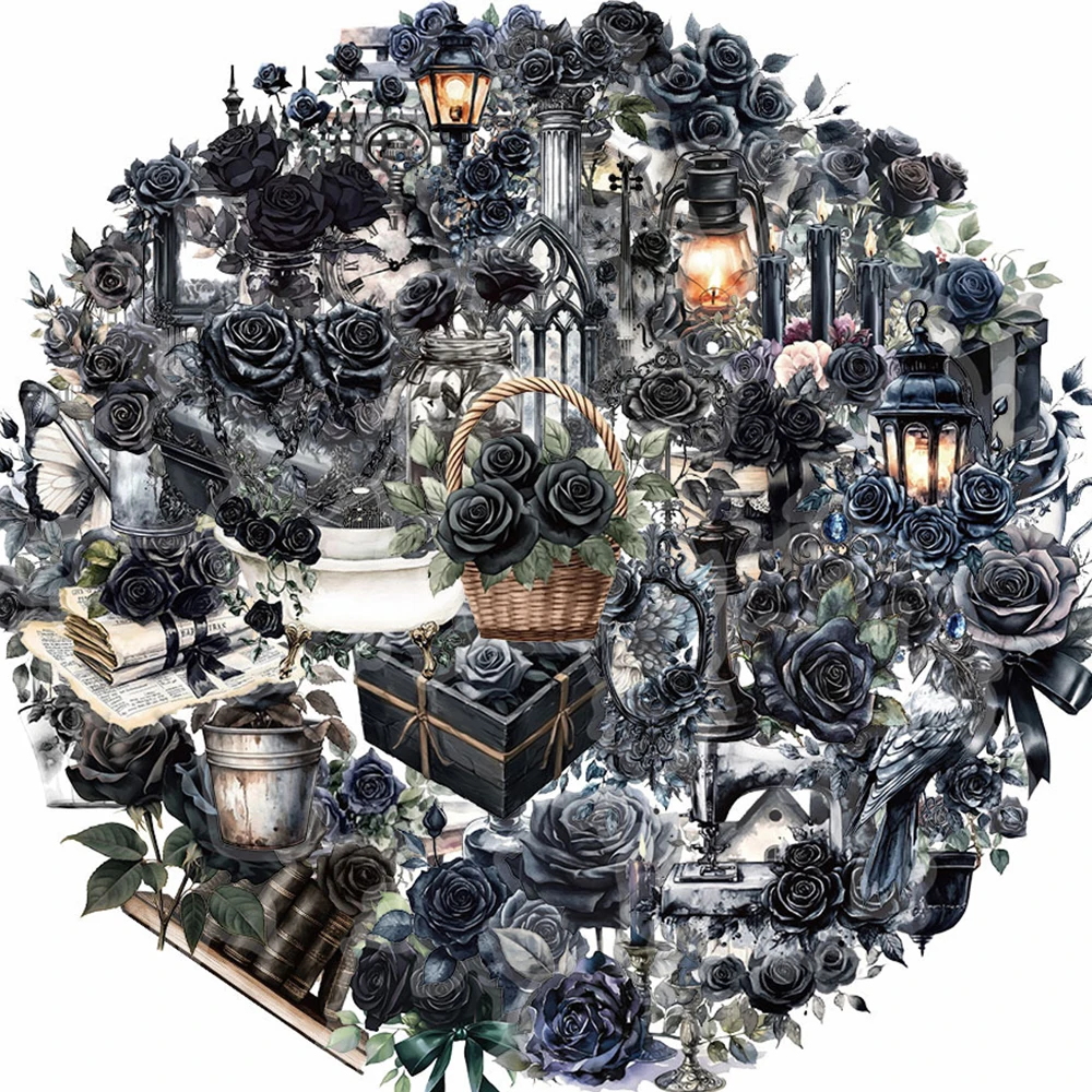 50/100pcs Transparent Black Rose Magic Sticker Aesthetic Waterproof DIY Skateboard Laptop Dark Magic Cartoon Sticker Packs