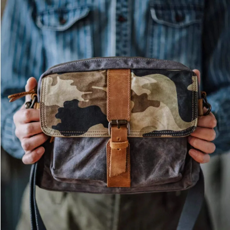 AETOO Japanese-style Amekaki camouflage canvas crossbody bag, retro crossbody bag, cowhide postman bag, casual single-shoulder b view 2