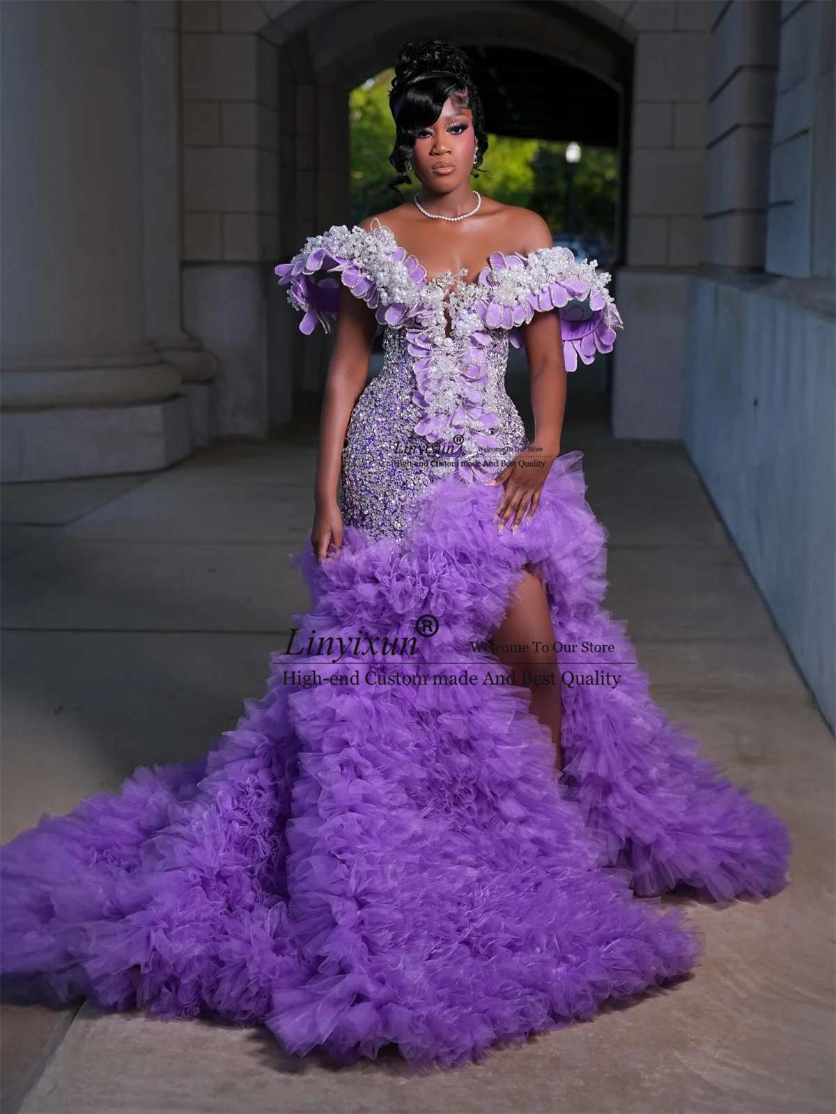 Glitter Rhinestone 3D Floars Prom Dresses For Black Girl Customized Mermaid Evening Party Gown Aso Ebi Ruffles robes de soirée