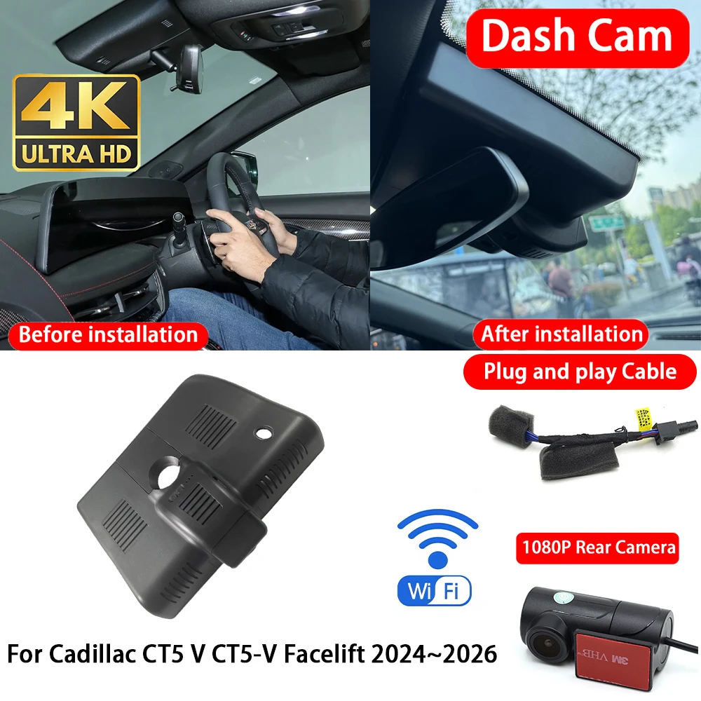 for Cadillac CT5 V CT5-V Facelift 2024~2026 4K Dash Cam Front Rear Car Camera Wifi Plug & Play Video Recorder Loop Recording