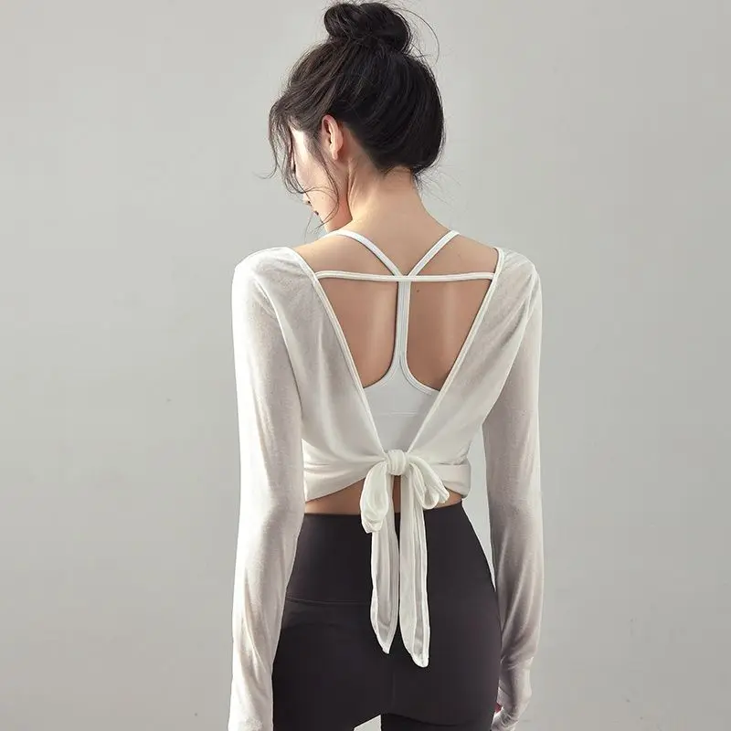 Women's Long Sleeve Yoga T-shirt Running Fitness Sportswear Backless Design Pilates Outerwear Cover up Top Polyester
