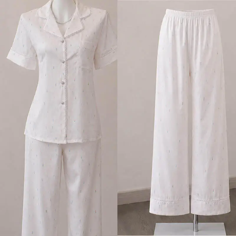 

New Summer Women's Stripe Print Pajamas Set Short Sleeve Shirt Pants 2Pcs Loungewear Lapel Sleepwear Button Down Nightwear