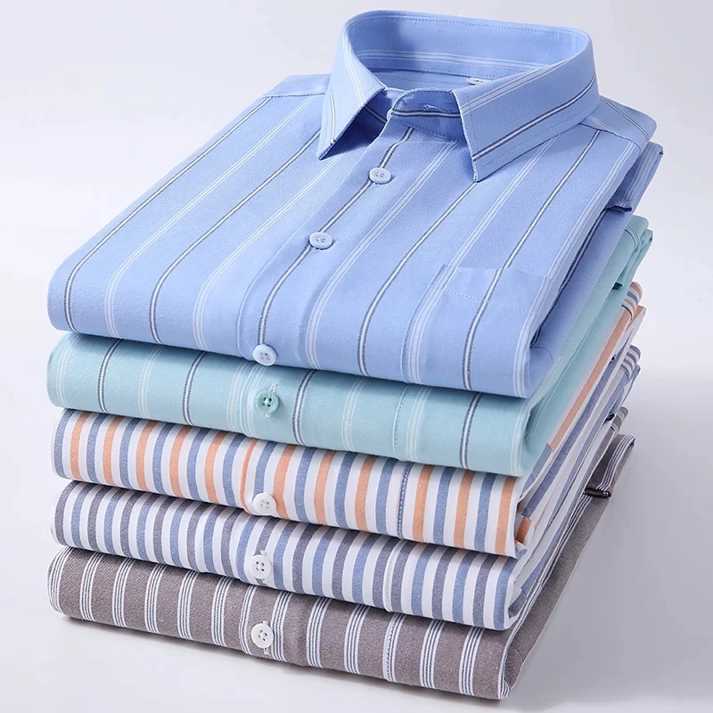 Qualität 100% reine Baumwolle Oxford Herren gestreiftes Hemd kurze Ärmel reguläre Passform Männer Tasche Freizeit hemd Freizeit männliche Bluse S-8XL