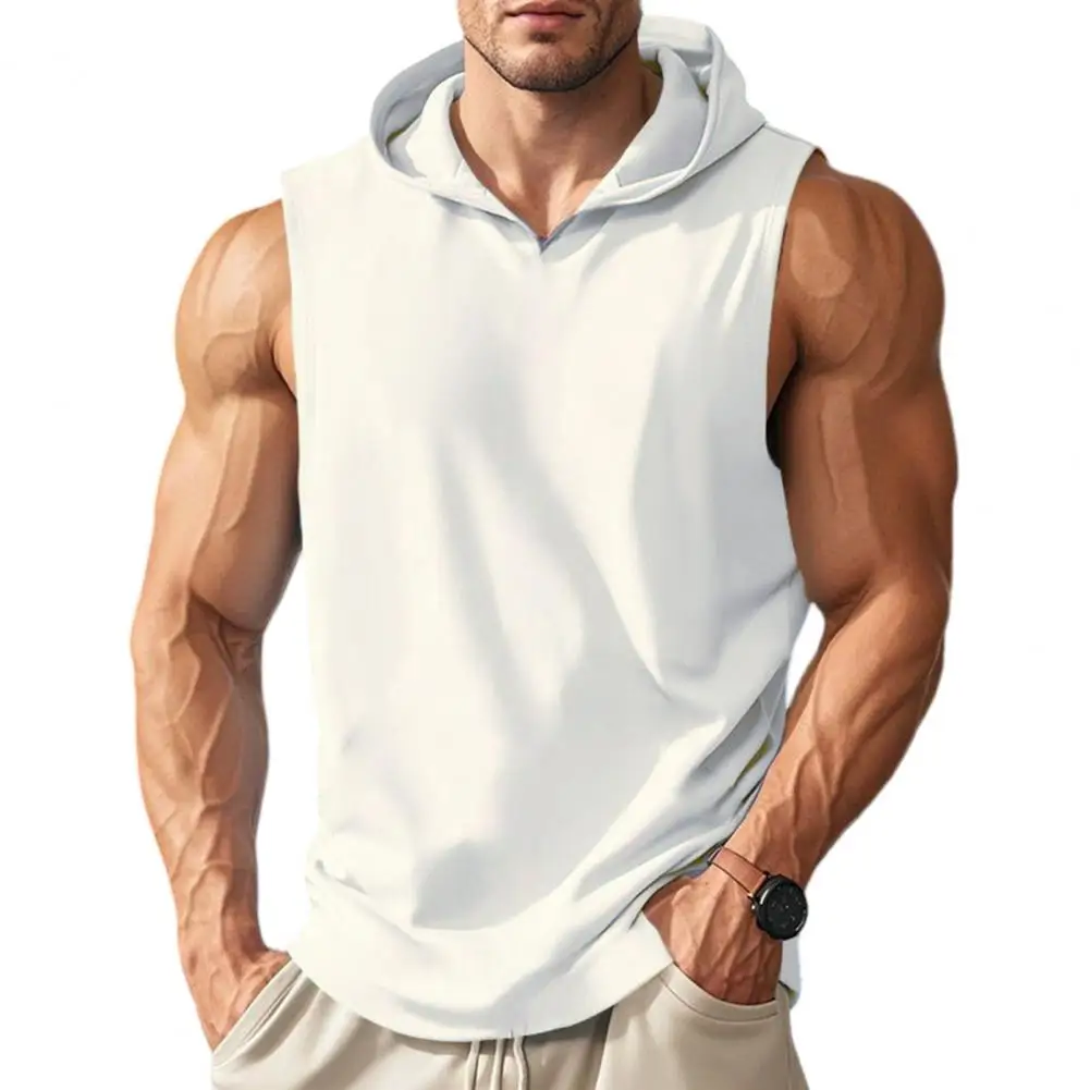

Round Neck Men Vest Hooded Sleeveless Summer Vest Wide Shoulder Straps Pure Color Quick Drying Sports Tops Casual Vest