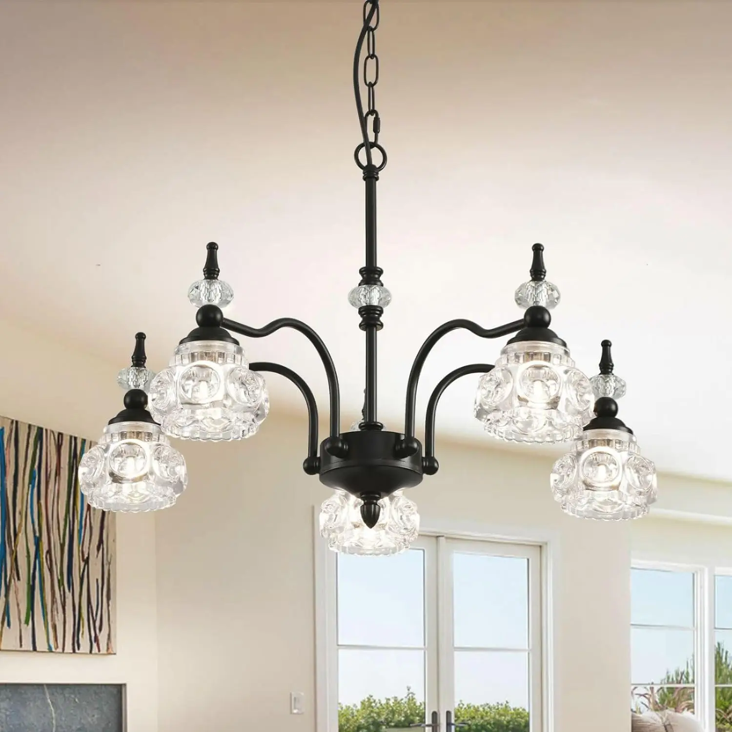 Vintage 5 Lights Black Glass Pendant Lighting, Rustic Style Chandelier, Black Finish with Exquisite Crystal Glass Lamp Shade