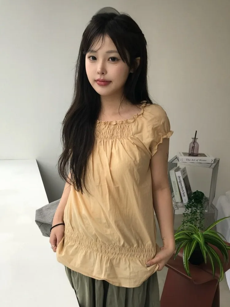 Korean Style Sweet Youthful Retro Japanese Bubble Sleeve Shirt Elastic Collar Pleated Loose Women's Top for School And Street...
