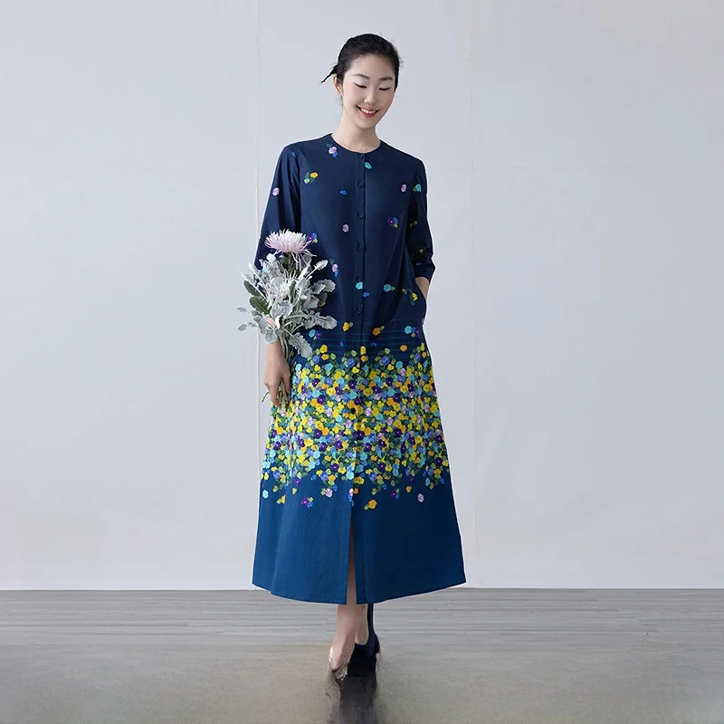 

Elegant Printed Cotton Blend Long Dress Women's Loose Fitted Vintage Style Button up Shirt Dress mid Waist A-Line Skirt