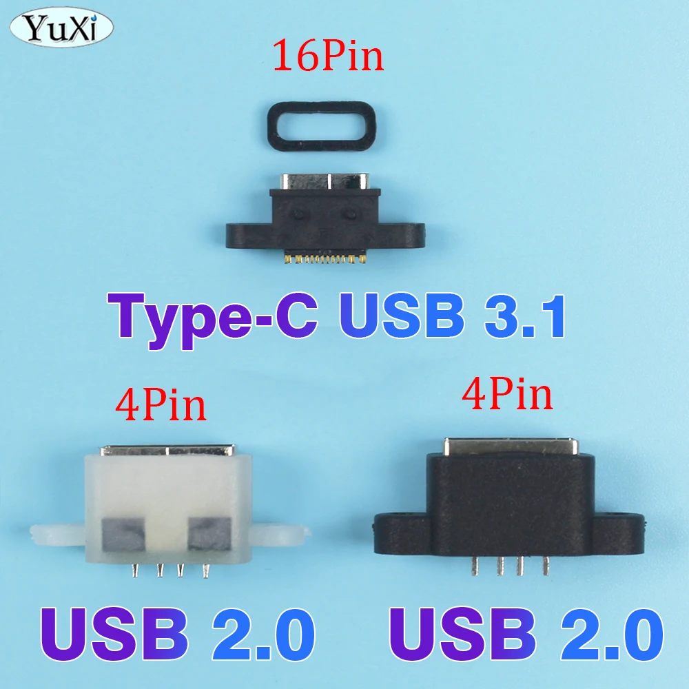 1Pc 4Pin USB 2.0 A 16Pin Type-C 3.1 USB C Waterproof Female Connector With Screw Hole For DIY Fast Charging Cable Socket Port