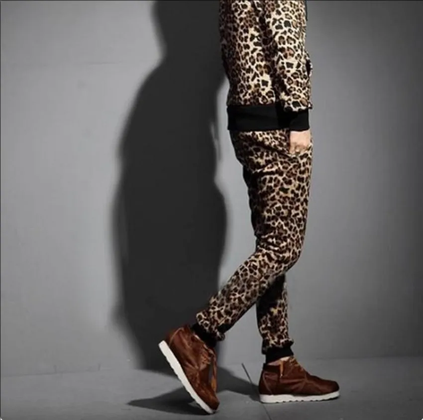 28-44 Plus Size Autumn Winter Men's Trousers Personality Handsome Leopard Print Slim Casualsports Pants Men Singer Costumes