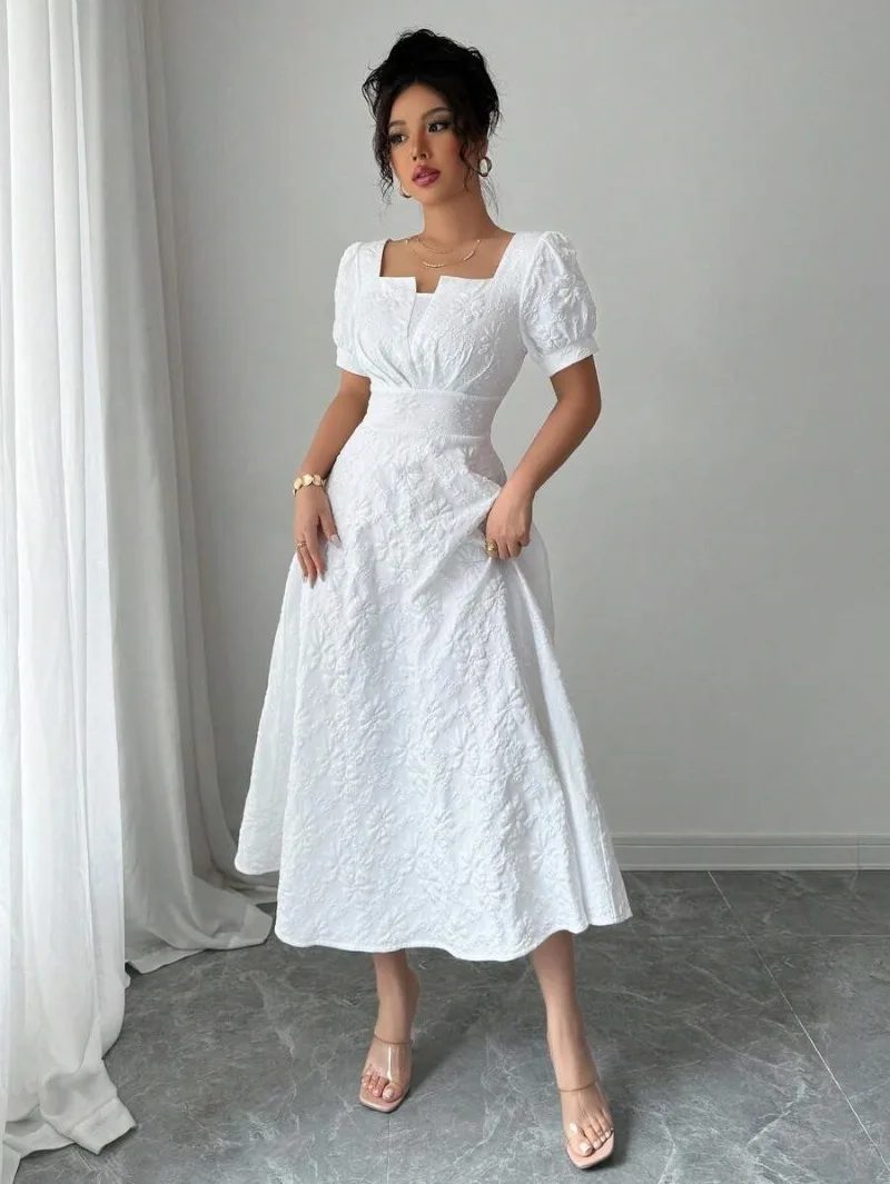 Damen Weißes Geprägtes Blumen-Midikleid mit Hoher Taille, A-Linie, Langes Kleid für Hochzeitsgäste, Brautjungfern, Sommer, Strand, Urlaub, Sommerkleid – Detail 6