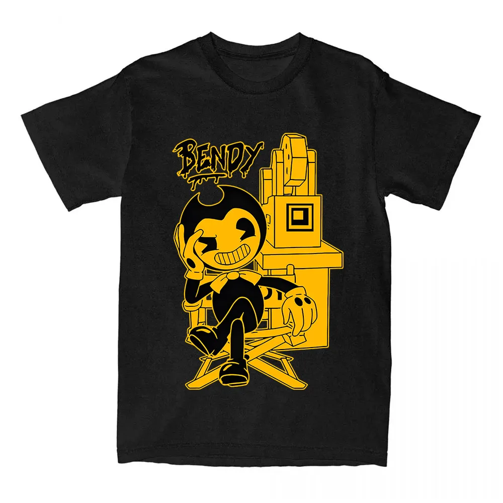 Herren T-Shirt mit Cartoon-Grafik „Bendy and The Ink Machine“-Regiestuhl, Retro-Horror-Spiel, Kurzarm, Lässiges Baumwoll-Streetwear-Tee – Detail 2