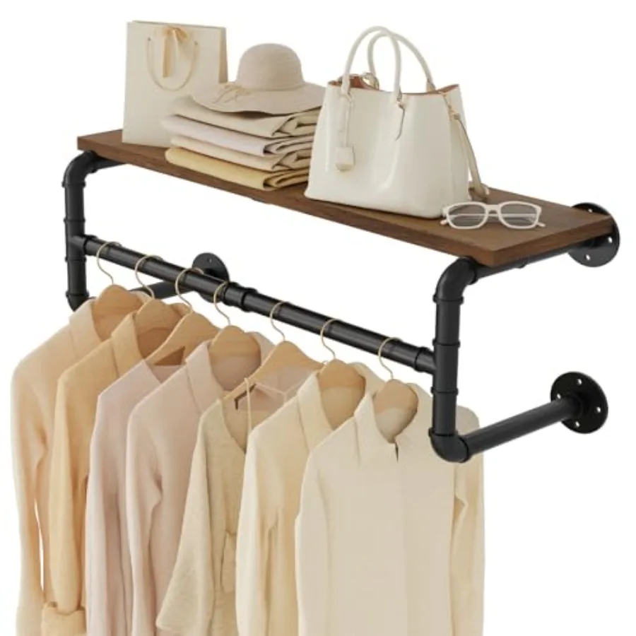 

Industrial Pipe Clothes Rack with Top Shelf Wall Mounted Space Saving Hanger with 4 Bases for Shops Homes 27.5''Lx10.2''Wx10.2'