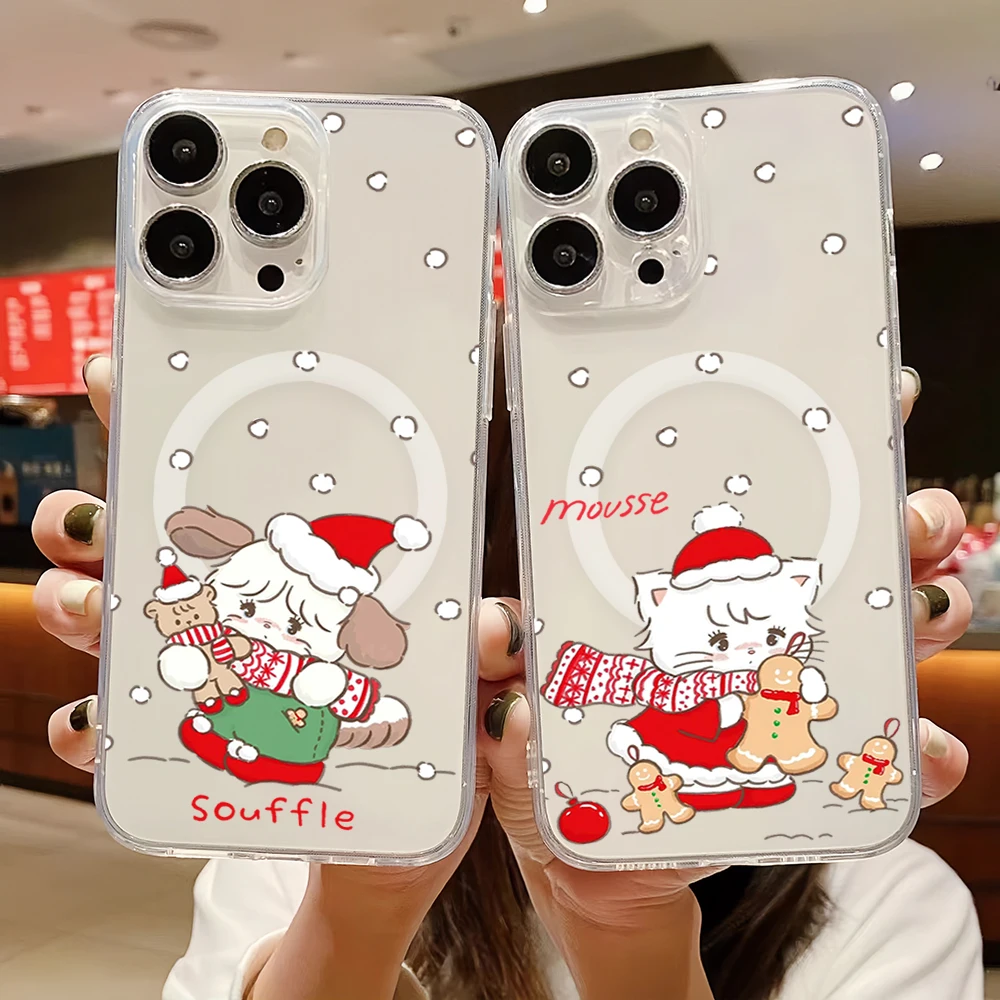 Christmas Cartoon Mikko Cat Cute For IPhone 16 15 14 13 12 11 Pro Max Plus Transparent Magnetic Suction Phone Case