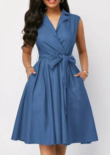 Vestido Midi informal de verano para mujer, traje liso con cuello vuelto, sin mangas, con detalle de lazo, diseño de bolsillo, línea A, para uso diario, 2023