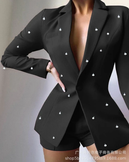 Women's Suit Set Elegant Commuting Solid Rhinestone Decoration Button Notched Collar Long Sleeve Blazer Coat and Short Set