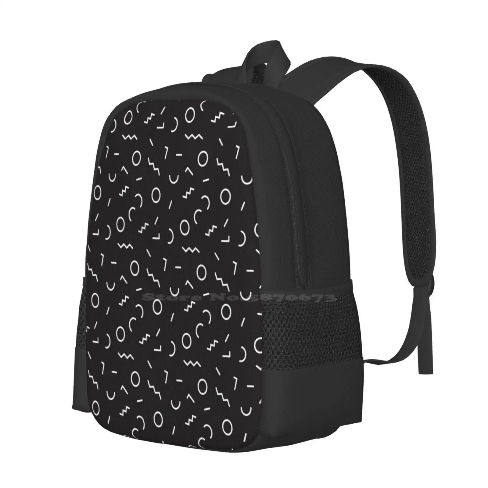 Memphis Style Abstract Pattern ( White / Black ) Pattern Design Bagpack School Bags Memphis Abstract Pattern Black And White