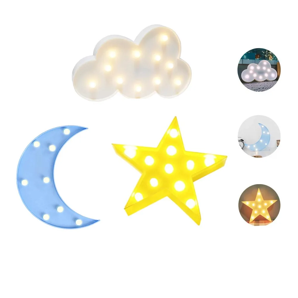 Luz LED de noche con batería para decoración de dormitorio, lámpara colgante de pared, marquesina blanca cálida, arcoíris, estrella, nube, luna,