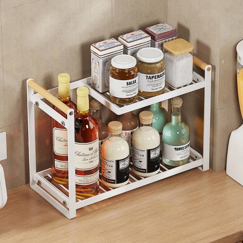 Kitchen rack Household double-layer seasoning rack Wrought iron simple living room finishing rack Multifunctional countertop sto