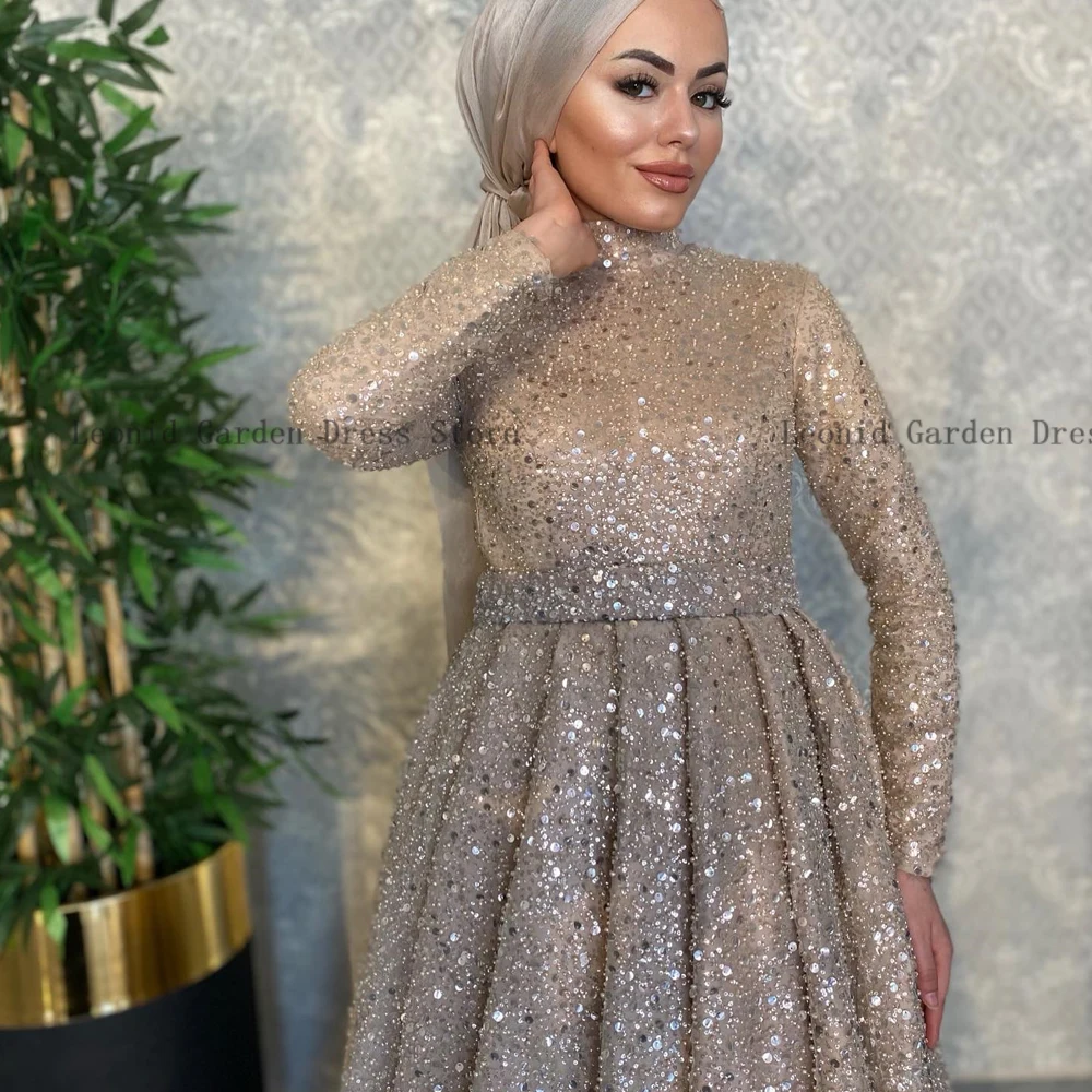 Glitter champagne High Neck Prom Dresses 2023 Long Sleeves Sequined Beads Evening Dress Formal Party Gowns A-Line فساتين السهرة