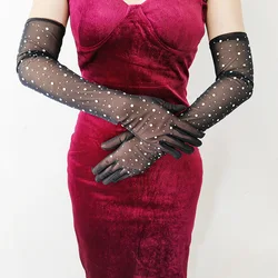 Sexy Shining Flash Drilling Thin Elasticity Lace Fashion Personality Dance Stage Performance Cosplay Women Mesh Long Gloves