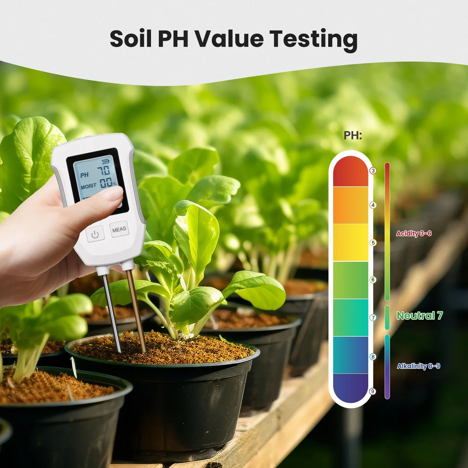 MOES 3-in-1-Boden-PH-Detektor, Tester, LCD-Bildschirm, Thermometer, Temperatur- und Feuchtigkeitsmesser für Gartenarbeit, Blumentopf, Plantation