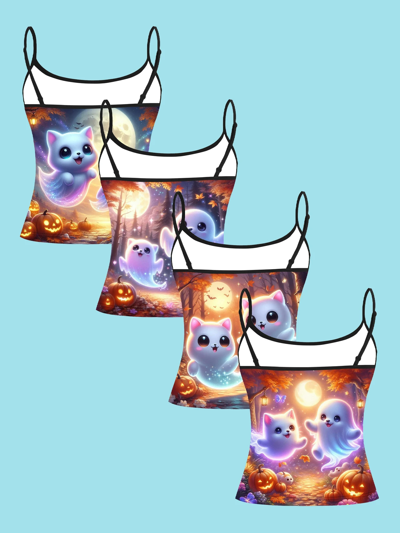 4-Piece Set of Dreamy Starlight Ghost Cat Halloween Pumpkin Full Moon Print Camisole for Women, Soft and Cute Spaghetti Strap Slim-Fit Inner Top