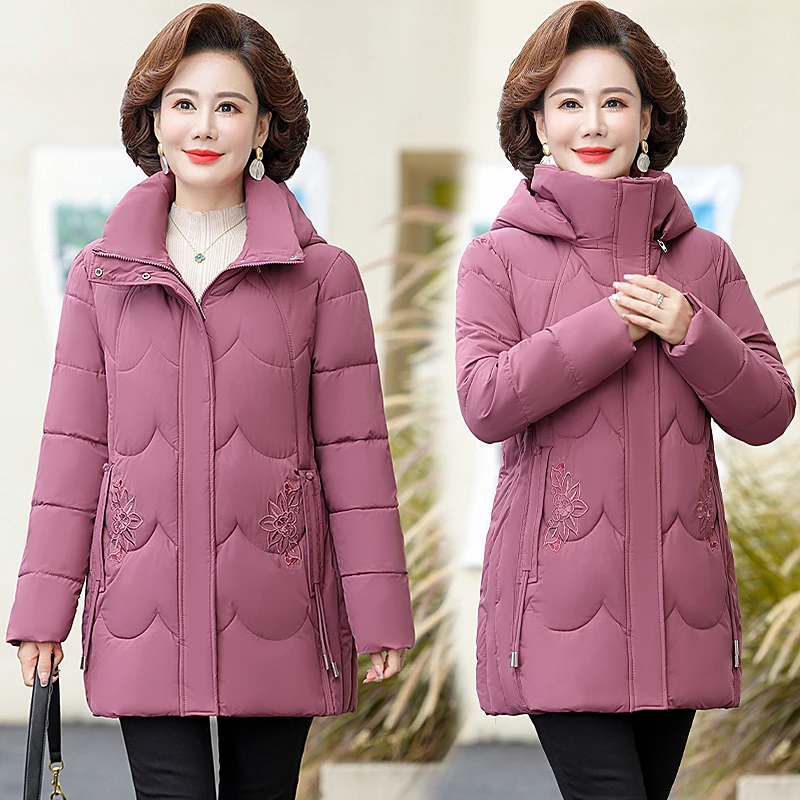 New Elegant Slim Mother Women\'s Winter Hood Warm Parkas New Female fleece thickening mid length Jacket