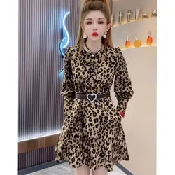 Early Spring New Internet Celebrity French Waist Cinching Leopard Print Dress with Stylish Splicing to Show Off Slim Dresses