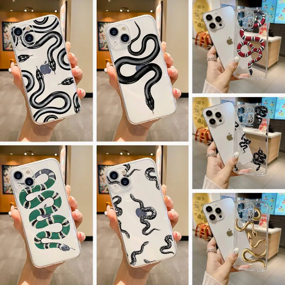 

Stylish Black S-Snake Print Phone Case For iPhone 17 16 15 14 13 12 11 Mini Pro Max Plus Transparent Cover