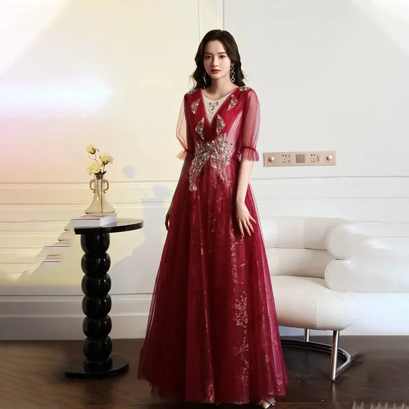 

It's Yiiya Customized Evening Dress Burgundy Appliques V-neck Half Sleeves A-Line Floor-length Plus size Woman Formal Party Gown
