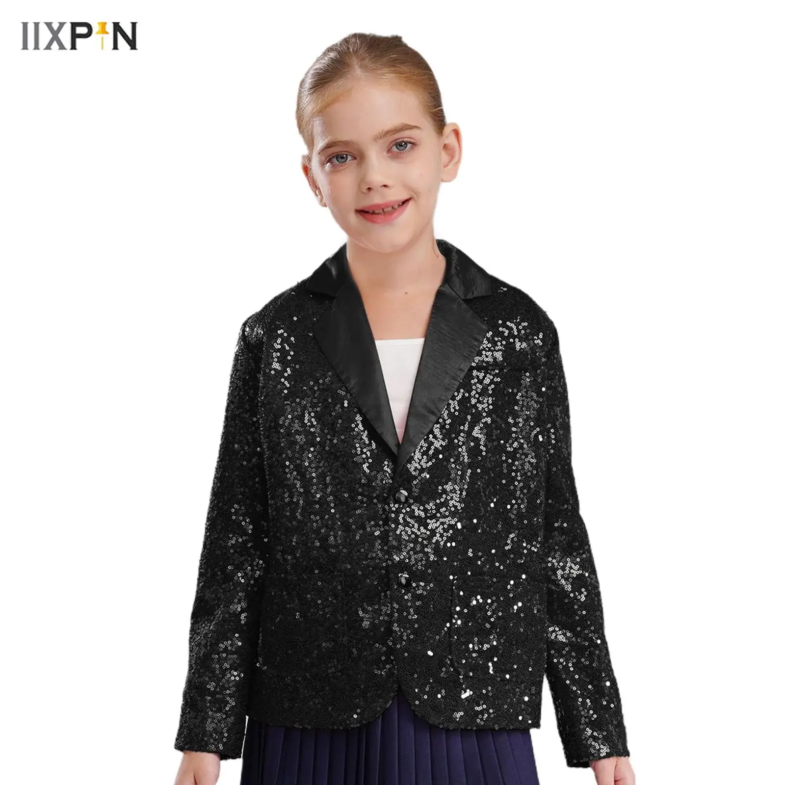 

Kids Boys Girls Glitter Sequins Blazer Jacket Notched Lapel Long Sleeve Suit Coat for Wedding Party Jazz Disco Dance Clothes