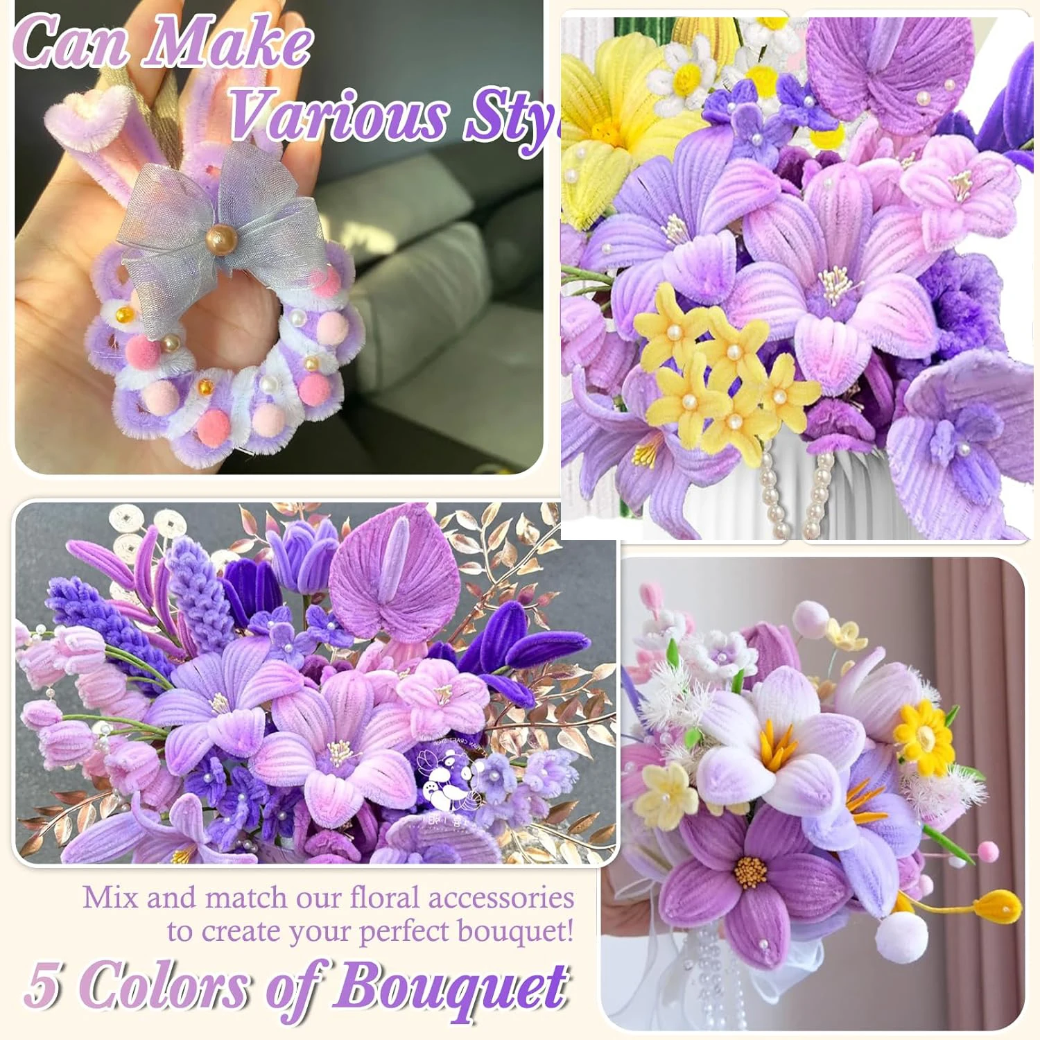 500 Pcs Pipe Cleaners Flower kit, 20pcs Green Floral Wires, 1pc Gardening Tape, 150pcs Stamen, Pipe Cleaners Craft view 3