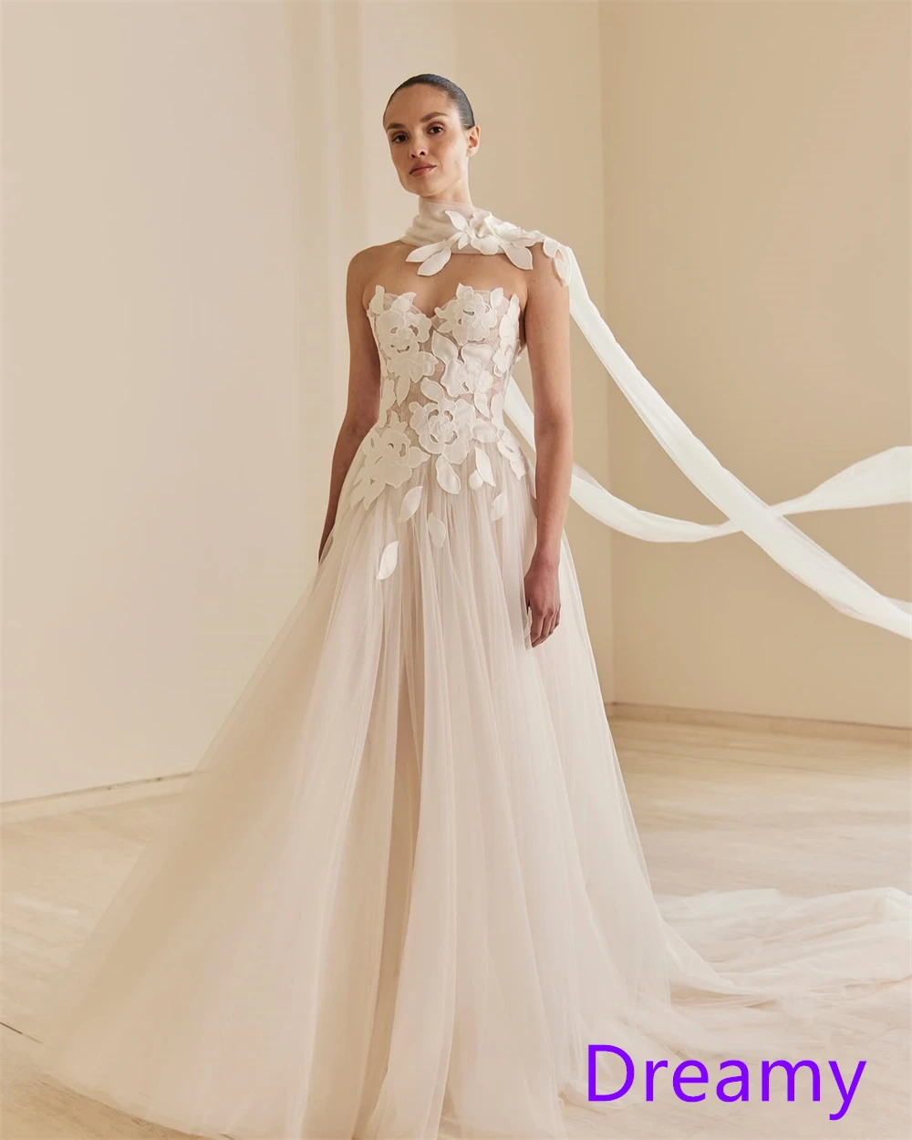 Vestido de noche de tul blanco con temperamento personalizado, sin tirantes, sin mangas, vestidos para ocasiones a medida, vestidos de celebridades, apliques de cintas