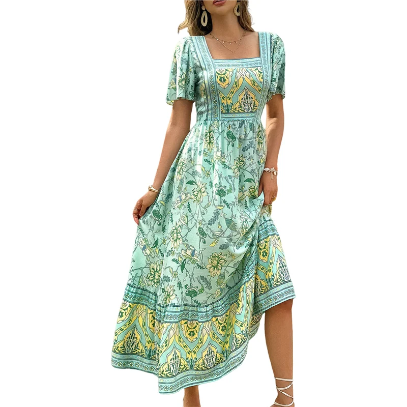 【Party-Decoration】Women's 2025 Summer Short Sleeves Boho Floral Print Tiered Casual Flowy Long Maxi Dress