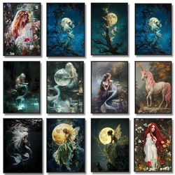 Moody Mermaid Fairies Poster Dark Academia Canvas Painting Print Gothic Victorian Witchy Unicorn Wall Art, Aesthetic Home Decor